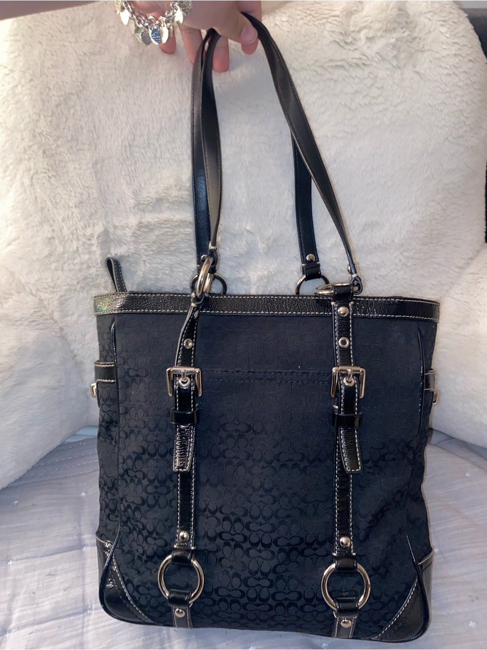 Black Women's Tote Bag with Buckle Strap Detail